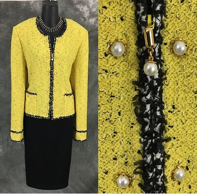 #ad BEAUTIFUL St John collection knit yellow black fringe pearl jacket skirt suit 14