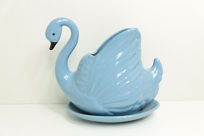 #ad Vintage 80s or 90s Ceramic Swan Planter with Drip Tray Blue made in Korea
