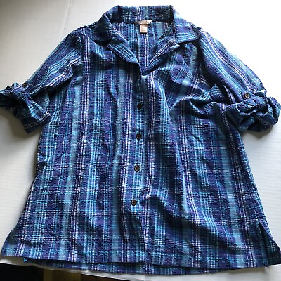 #ad White Stag Blue Plaid Button Up Roll Tab Sleeve Top Women’s Sz L A3349