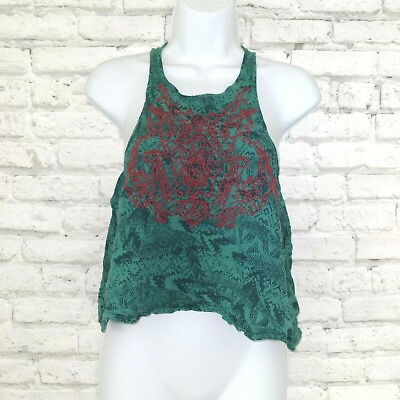#ad Urban Outfitters Ecote Top Womens Small Green Boho Embroidered Crop Sleeveless