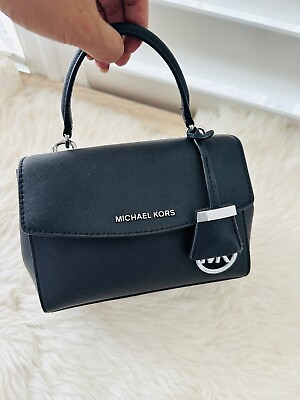 #ad NWT Michael Kors Ava Mini Saffiano Leather Crossbody Bag Black Silver Authentic