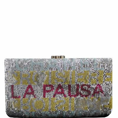CHANEL La Pausa Embroidered Satin Sequin Clutch Bag Silver $2195.00