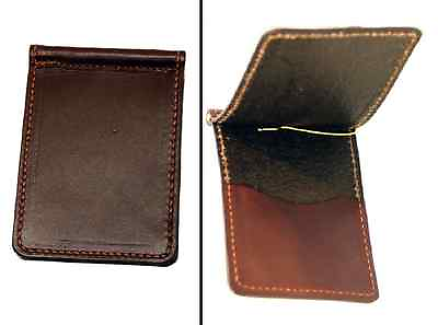 #ad LEATHER Bi Fold MONEY CLIP w CARD POCKET Minimalist DARK BROWN Amish Handmade