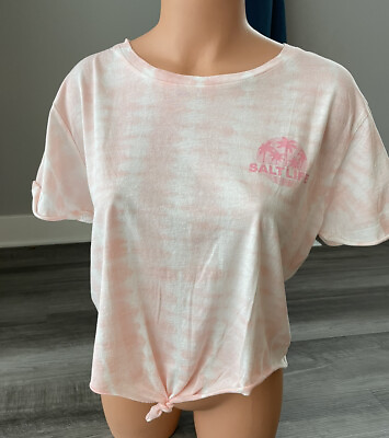 #ad Salt Life Womens Pink Cotton T Shirt Cropped Size L NWT Raw Hem Tie Dye Soft