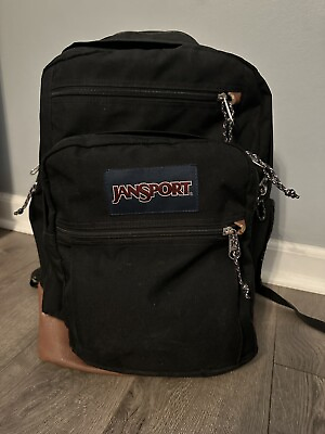 #ad JanSport Backpack Schoolbag Black 5 Pocket Zippers Brown Leather Bottom