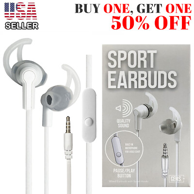 #ad GEMS Sports Rubber Earbuds 3.5mm In Ear Line Control Mic Earphones 3.5FT White