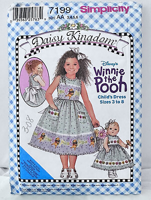 #ad Simplicity 7199 Daisy Kingdom WINNIE the POOH Girls Dress AA 3456 18” Doll