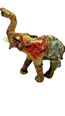 #ad Vintage Sari Elephant Statue Multicolor Patchwork fabric covered paper Mache.