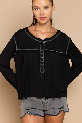 POL Clothing Snap Front Long Sleeve Knit Henley Top in Black Women#x27;s