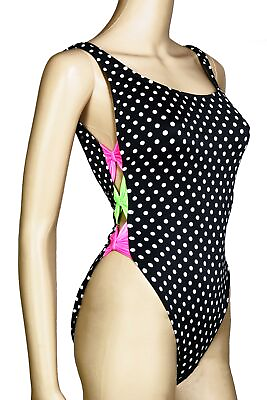 #ad 80s Vintage Swimsuit High Cut Leg Side Cutout Black White Dot Pink Green Neon 7