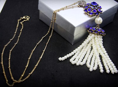 #ad Gold Plated Long Pearl Tassel Blue Pendant Necklace made w Swarovski Crystal