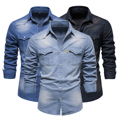 #ad Mens Casual Denim Shirt Long Sleeve Button Down Slim Fit Cowboy Jean Work Shirts