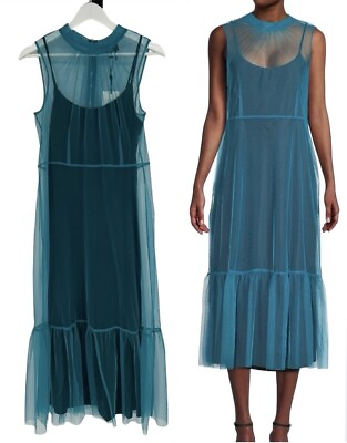 #ad DKNY Tulle Overlay Maxi Dress Size Small Aqua Black Tiered Hem Sleeveless NWT