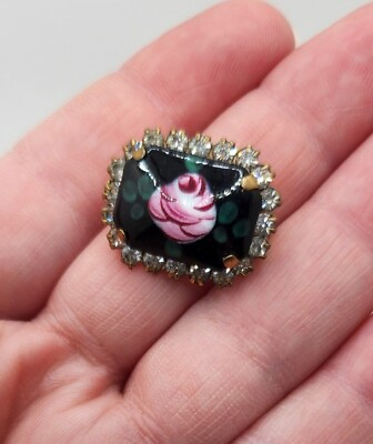 #ad Vintage Enamel Pink Black Rose Rhinestone Pin Floral Beauty Statement Brooch