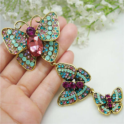 #ad Vintage 3 Butterfly Pendant Woman Brooch Pin Multi color Rhinestone Crystal