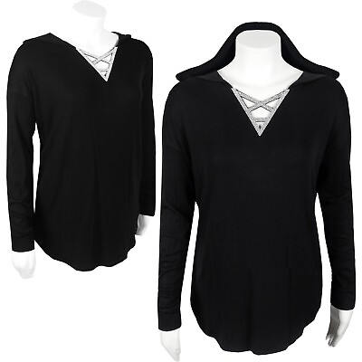 #ad Womens Vocal Black Long Sleeve Knit Hoody Tunic Top With Criss Cross Rhinestone