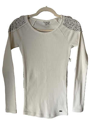 #ad 1685 Guess Cream Rhinestones Long Sleeve Textured Top Size Small