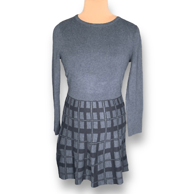 #ad Women’s Cynthia Rowley Dress Gray Plaid Knit Long Sleeve Round Neck Mini Large