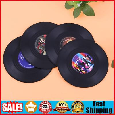#ad 4pcs Vinyl Record Coasters Easy Cleaning Black Coaster Pad for Drinks Bars Cafes