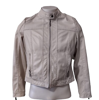 #ad J2 Jacket Coat Womens XL Zip Up Jacket Faux Leather Zip Pockets Tan Zip Sleeves