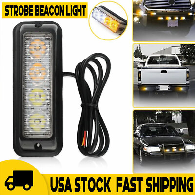 #ad Amber White 4 LED Car Truck Emergency Beacon Warning Hazard Flash Strobe Light