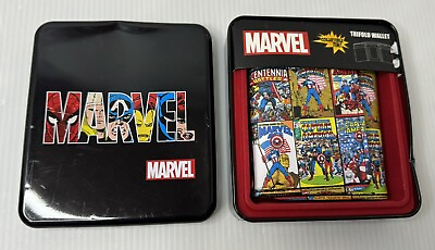 #ad MARVEL Trifold Wallet All over Captain America Battles In Collector#x27;s Tin New