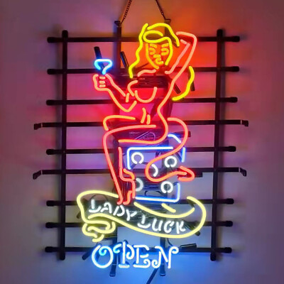 #ad Lady Luck Casino Open 24x20 Neon Sign Light Lamp Recreation Room Bar Wall Decor