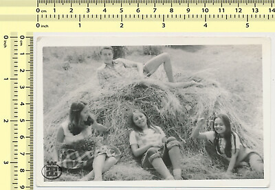 #ad 139 Women Girls and Guy in Haystack Man Ladies Portrait vintage photo original