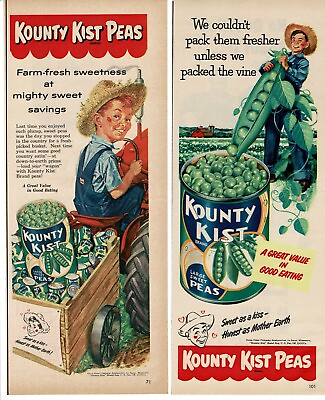 #ad 2x 1950s KOUNTY KIST PEAS Boy on Tractor boy harvesting peas VINTAGE PRINT AD