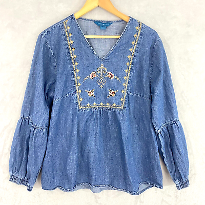 #ad Vintage April Cornell Boho Peasant Top Large Denim Embroidered Shirt Blouse Bell