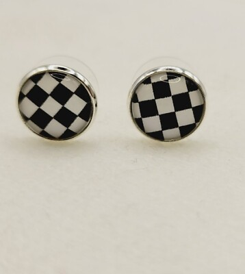 #ad Checkered Flag Earrings Stud Earrings PIERCED 12 mm Race Fans Black amp; White