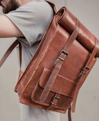 #ad Men#x27;s New Real Large Brown Shoulder Leather Rucksack Backpack Goat Travel Bag