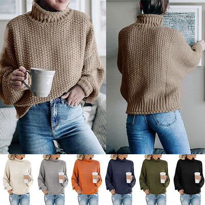 #ad Jumper Pullover High Chunky Sleeve Neck Tops☋ Sweater Loose Long Knitted Womens