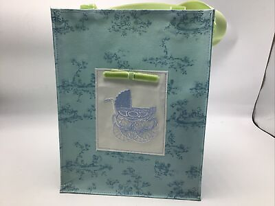 Papyrus Gift Bag Hand Made Baby Boy Toile Fabric Embroidered 9 x 7 Blue Carriage