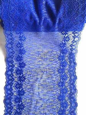 #ad Stretch Royal Blue Embroidered Border Mesh Lace Trim Sewing Lingerie 8” Wide
