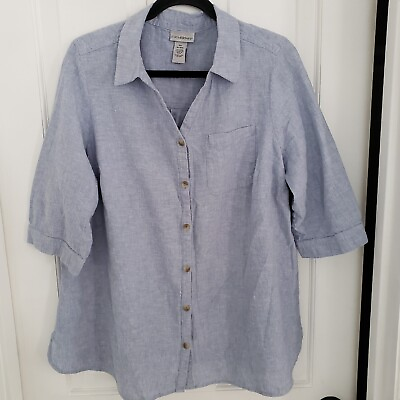 #ad Catherines Linen Blend Short Sleeve Top SZ OX 14 16 ButtonUp Spring Office Blue