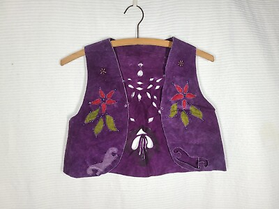 #ad Vtg 70s Suede Vest Beaded Applique Cutouts Gypsy Purple Floral OOAK Leather S