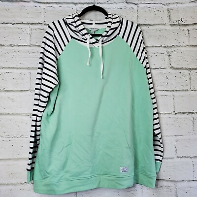 #ad Orvis Color Block Seafoam Striped Pullover Hoodie Womens XL Extra Large Cotton