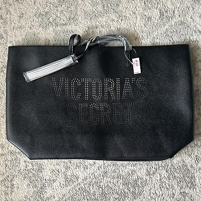 #ad NEW Victoria#x27;s Secret Holiday Faux Leather Black Tote Bag Silver Tassel Ret $58