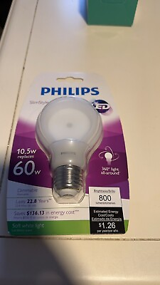 #ad Lot Of 1 Philips Slim Style 10.5w Replace 60w Soft White Dimmable LED Bulb
