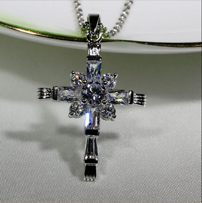 #ad 2.00Ct Round Cut Lab Created Diamond Cross Pendant 14K White Gold Plated Silver