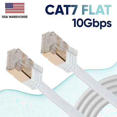 #ad 10Gbps CAT7 White Flat Ethernet LAN Cable Network 6 10 20 25 30 50 75 100 Lot
