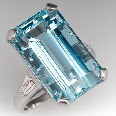 #ad 925 Sterling Silver Stunning Emerald Cut Aquamarine Cocktail Ring White Gold