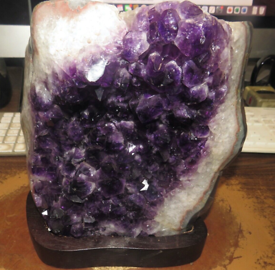 #ad LARGE POLISHED AMETHYST CRYSTAL CLUSTER CATHEDRAL GEODE FROM URUGUAY WOOD STAND
