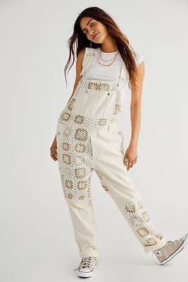 #ad NEW FREE PEOPLE Sz XS CROCHET BOYFRIEND OVERALLS ONE PIECE JUMPSUIT COVERALL