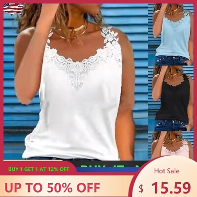 #ad Sexy Women Solid Sleeveless Vest Ladies Lace Casual Blouse Beach Cami Tank Top