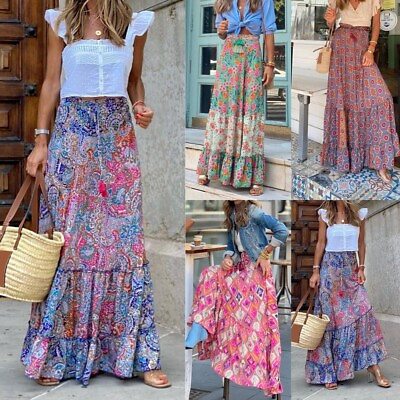 #ad Womens Boho Floral Long Maxi Skirt Ladies High Waist Beach Ruffle Swing Dress US