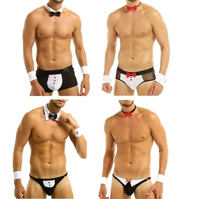 #ad Men Waiter Tuxedo Boxer Briefs Waiter Cosplay Costume Lingerie Underwear Sets