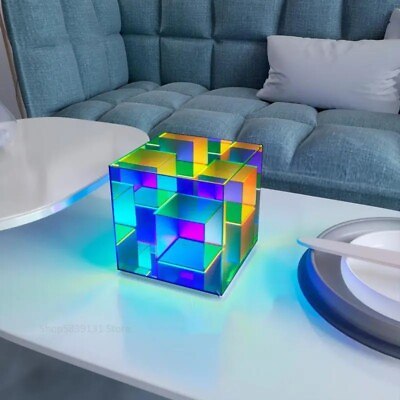 #ad LED Desktop Decor Light USB Charging Acrylic Stand Table Lamp Prism Cube