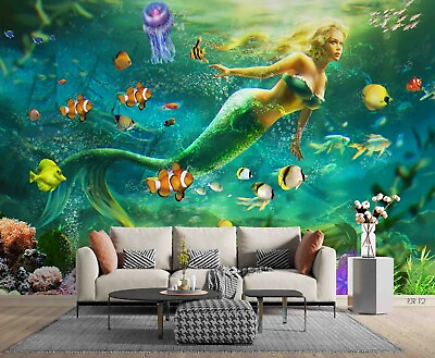 #ad 3D Ocean Mermaid Fish Treasure Self adhesive Removable Wallpaper Murals Wall